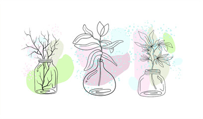 Vector illustration with different plants in jars and vases. Glassware and branches with leaves and flowers. A set of trendy compositions for printing on clothes and interior decoration.