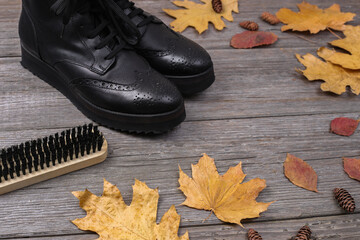 Autumn shoe shine. Black leather shoes, shoe brush on a rustic background with yellow leaves.