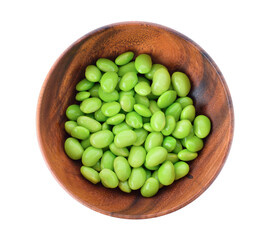 green soybeans in bowl isolated on white background.top vicw