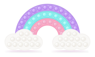 Popit rainbow on the clouds as a fashionable silicon fidget toys. Addictive antistress toy for fidget in pastel colors. Bubble sensory popit for kids fingers. Vector illustration isolated. - obrazy, fototapety, plakaty