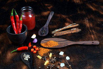 red chili and tomato, salt, garlic, rosemary on a dark wooden background; ingredients for cooking; cover cookbook; asian cuisine, free space for text