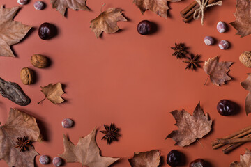 Autumn fall thanksgiving day composition with decorative dried leaves