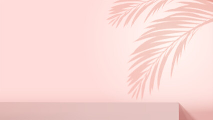 Fototapeta na wymiar Background design for product presentation. Pink color. Shadow of palm leafs on wall. Mock up for exhibitions.