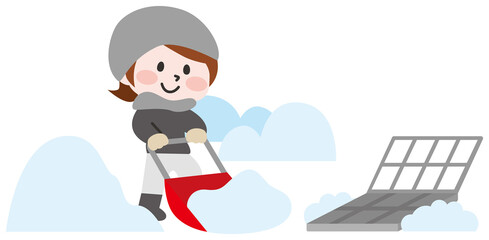 除雪をする女性と流雪溝のイラスト
