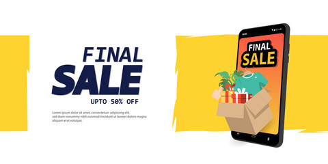 Great discount sale banner design in 3d illustration on blue background, sale smartphone on trolley with credit card, shopping bag and gift design elements