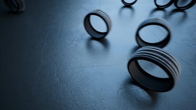 Seamless looping animation with rolling car wheels. Black rubber tires.