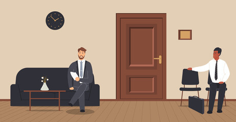 Office corridor on a cream background: waiting area for visitors with chairs,sofa and wooden boards on the floor.The door to the cabinet with a sign on the wall, navy wall clock.Raster illustration