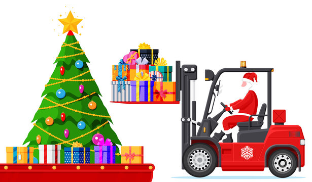 Christmas Warehouse Interior. Santa Claus in Forklift Loaded with Pile of Gift Boxes and Tree. Festive Presents Conveyor. Presents Delivery Shipping. New Year. Christmas Xmas. Flat Vector Illustration