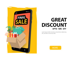Great discount sale banner with smartphone design in 3d illustration on yellow background,