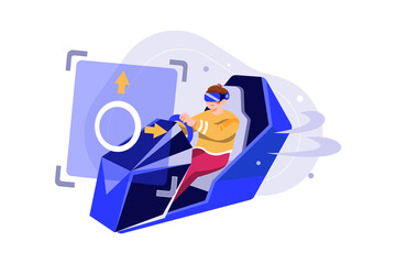 Man learning Driving using VR Tech Illustration concept. Flat illustration isolated on white background.