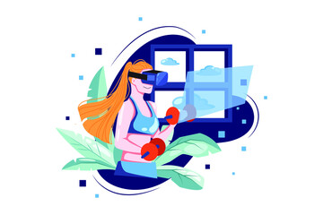 Virtual Fitness using VR Tech Illustration concept. Flat illustration isolated on white background.