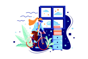 Girl Doing VR cycling Illustration concept. Flat illustration isolated on white background.
