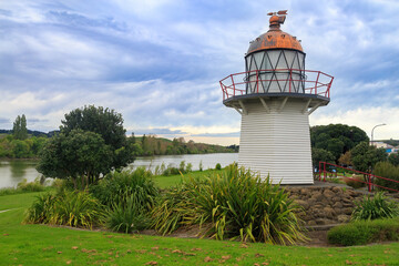 Wairoa, New Zealand. The historic Portland Island lighthouse (1878), moved to the town as a tourist...