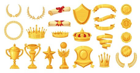 Golden trophy cups, awards, ribbons, laurel wreaths, diploma and crowns vector icons of first place cartoon style. - obrazy, fototapety, plakaty