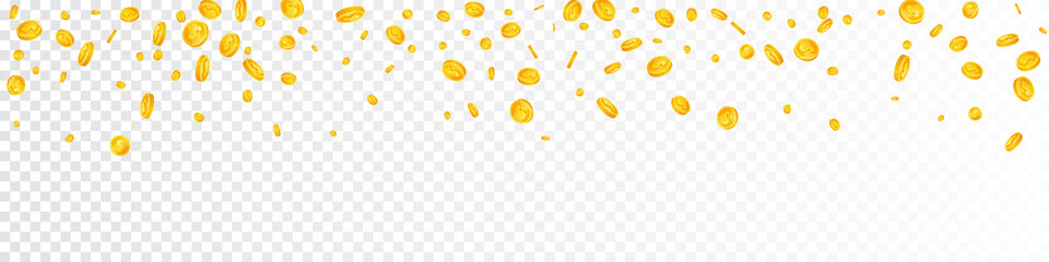 American dollar coins falling. Cool scattered USD coins. USA money. Delightful jackpot, wealth or success concept. Vector illustration.