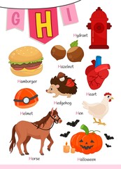 English alphabet with cartoon cute children illustrations. Kids learning material. Letter H. Illustration,hydrant, hamburger, hedgehog, heart, halloween, horse. 
