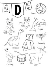 English alphabet with cartoon cute children illustrations. Kids learning material. Letter D. Illustration,doll, dinosaur, dress, duckling, drum, dolphin, donut, dog. Outline collection.
