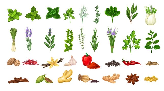 Culinary herbs and spices. Seasoning food. Star anise, cumin, mint, cardamom, pepper and ets.
