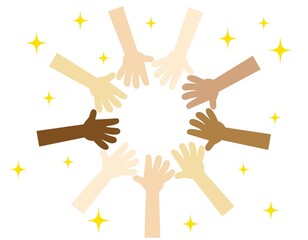 いくつもの手　円陣　仲間　人種　人権　挙手　素手　手洗い　キラキラ　清潔