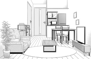 画風ペン画イラスト　住宅_マンション室内