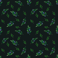 seamless watercolor pattern with branches and mistletoe berries on a dark background.