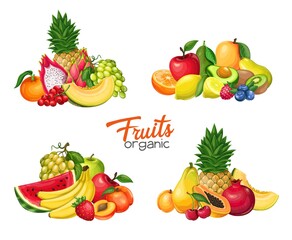 Fruits and berries banners, vector illustration. Compositions of Pitaya, pomegranate, raspberries, strawberries, grapes, currants and blueberries . Lemon, peach, apple, orange watermelon and avocado
