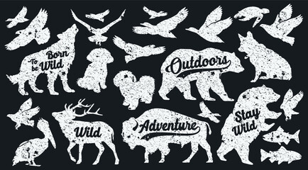 Vintage retro animals set outdoor adventure silhouette wild life