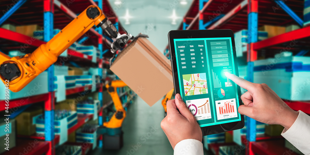 Poster smart robot arm systems for innovative warehouse and factory digital technology . automation manufac