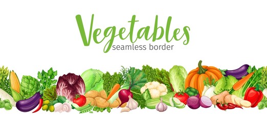Vegetables seamless pattern border frame vector illustration. Pattern with artichoke, leek, corn, garlic, cucumber, pepper, onion, celery, asparagus, cabbage and ets.