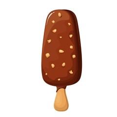 Ice cream popsicle on stick in chocolate glaze with nuts vector illustration.