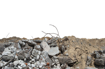 Concrete fragments with protruding reinforcement and piles of clay isolated on a white background