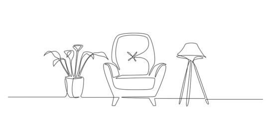 Continuous one line drawing of armchair and loft lamp and floor potted plant. Modern scandinavian furniture in simple Linear style. Doodle simple vector illustration