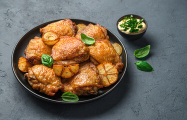 Juicy, fried chicken thighs with onion and garlic basil and sauce on a dark background. Side view, copy space.