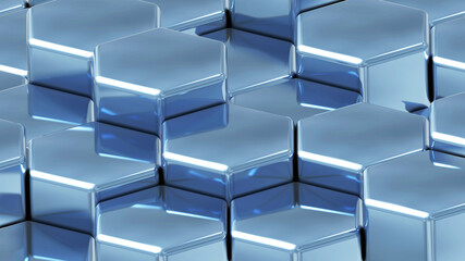 Silver hexagons 3D geometric background, shiny chrome metallic shapes stacks, render technology illustration.