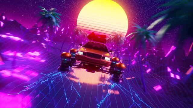 Futuristic synthwave with a fancy car. Night cityscape. Time machine.