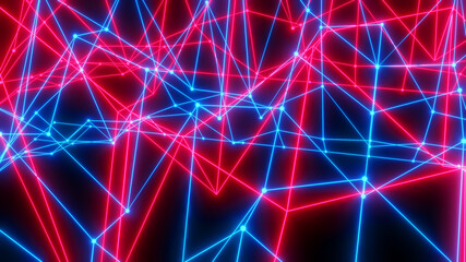 Abstract technology background with neon glowing lines on black, purple blue striped sci fi  3D render background.