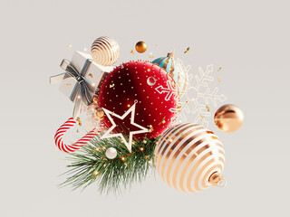 Christmas fir tree and decoration on light grey background 3D Rendering, 3D Illustration