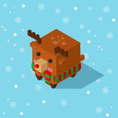 reindeer rudolf cubic isometric wear green and read pattern scarf on falling snow flake blue background