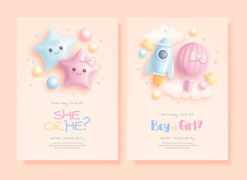 He or she. Boy or Girl. Set of cartoon gender reveal invitation template. Vertical banner with realistic toys and helium balloons. Vector illustration