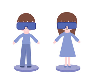 Virtual reality.Man and woman are standing in VR glasses.Metaverse and future concept.Blockchain technology concept.Futuristic tone.Avatars and ar glasses.Flat design.Cartoon vector illustration.