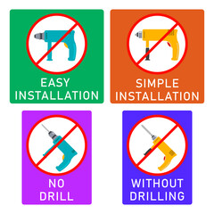 No drill, without drilling, easy installation, simple installation icon with power drill symbol. Crossed out vector clipart and sign. Design template for website elements, sticker, tag and other use.