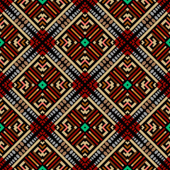 Tribal ethnic colorful seamless pattern. Vector ornamental geometric rhombus background. Repeat waffle backdrop. Modern elegant ornaments. Geometrical shapes, rhombus, zigzag lines, polka dots