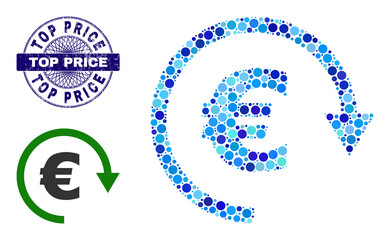 Circle collage Euro repay icon and TOP PRICE round grunge stamp print. Blue stamp seal includes TOP PRICE tag inside circle and guilloche pattern. Vector collage is based on Euro repay symbol,