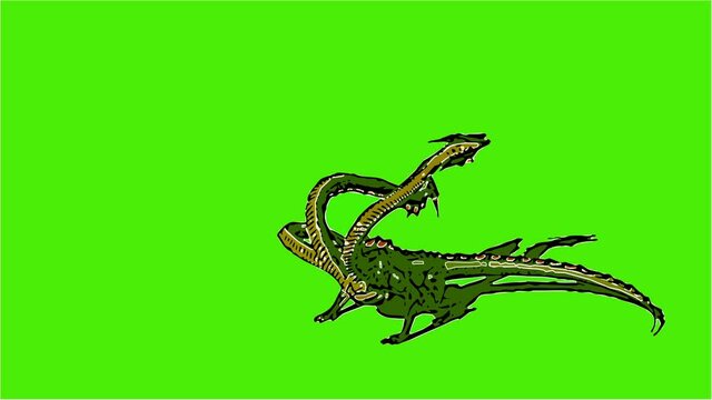 2d animation in comic style -  Hydra mystical water snake roars  isolated on green screen