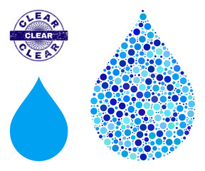 Round dot collage drop icon and CLEAR round scratched stamp print. Blue stamp includes CLEAR caption inside circle and guilloche pattern. Vector collage is based on drop icon,