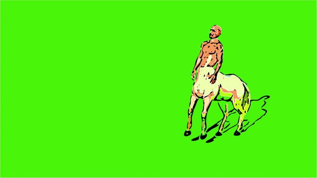 2d animation in comic style -    male centaur half horse half man isolated on green screen...