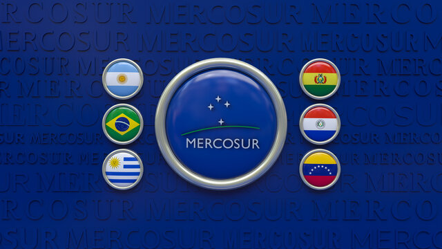 3d rendering of a big badges with the flag of the Mercosur surrounded by badges with flags of the member countries.