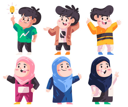 moslem kids picture collection many pose boys and girls various character wearing hijab scarf modern cartoon flat color white background vector illustration