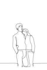 man and woman are embracing - one line drawing vector. concept of heterosexual couple hugging, height difference - tall man and short woman