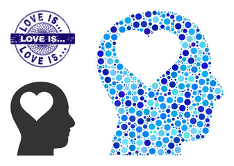 Circle collage lover head icon and LOVE IS... round corroded stamp. Blue stamp includes LOVE IS... tag inside circle and guilloche structure. Vector collage is based on lover head icon,